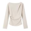 Women Long Sleeve T‑Shirt Asymmetric Ruched Top Slant Neck Elastic Slim Fit Solid Color Blouse