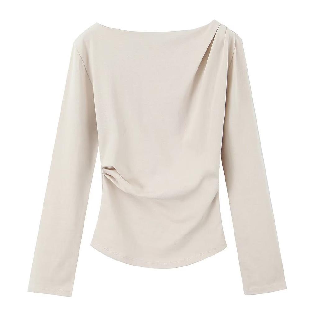 Women Long Sleeve T‑Shirt Asymmetric Ruched Top Slant Neck Elastic Slim Fit Solid Color Blouse