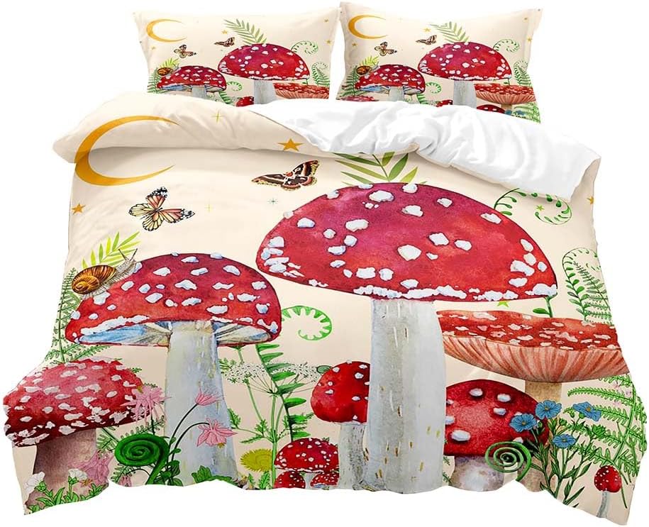 Olive Green Queen King Size Duvet Cover Set Boys Girls Kids Bedding Magic Forest Wonderland Plants Fungi Mushrooms  3 Piece Set