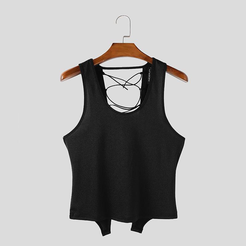 INCERUN Men U Neck Sleeveless Back Bandage Fitted Tank Tops