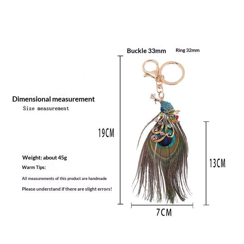 Porte-clés Plume de Paon Strass Brillant Fermoir Anti-rouille Pendentif Mode pour Sac Décoration de Clé de Voiture Portable pour Filles