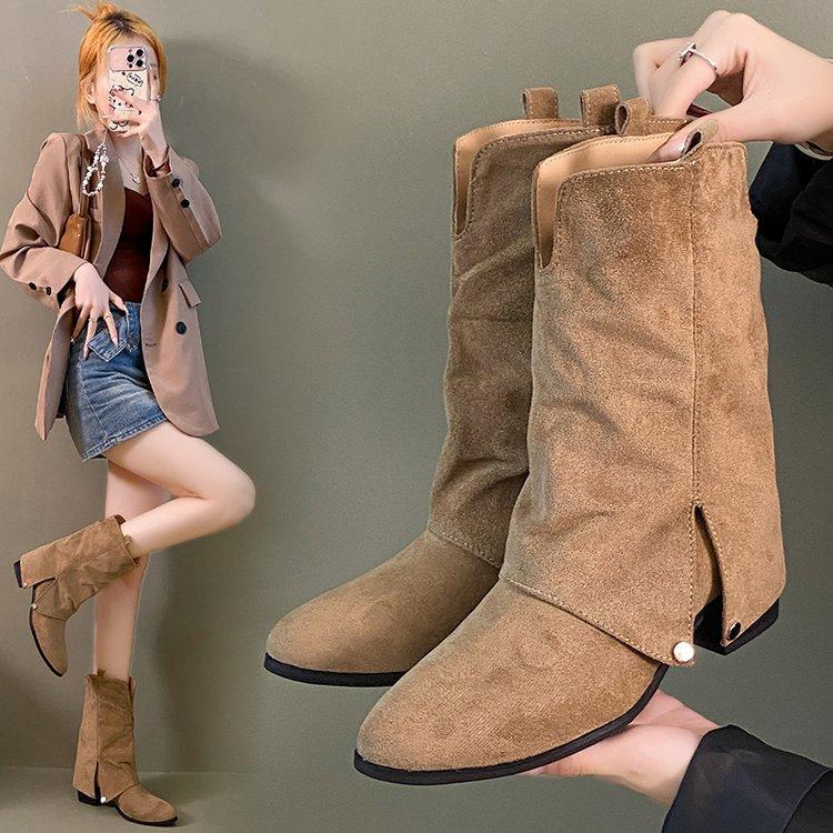 Sheepskin version! Retro western cowboy boots women's design sense pointed trousers boots thick heel v mouth thin pile short boots