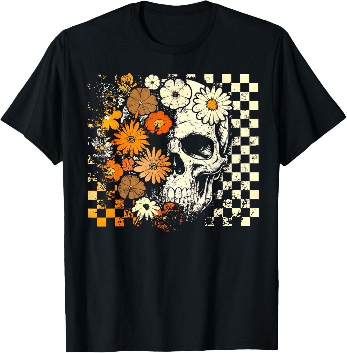 Checkered Boho Floral Skull Halloween Girl Women T-Shirt Mens Womens Tees Top unisex T-Shirt Mens Womens Tees Top L