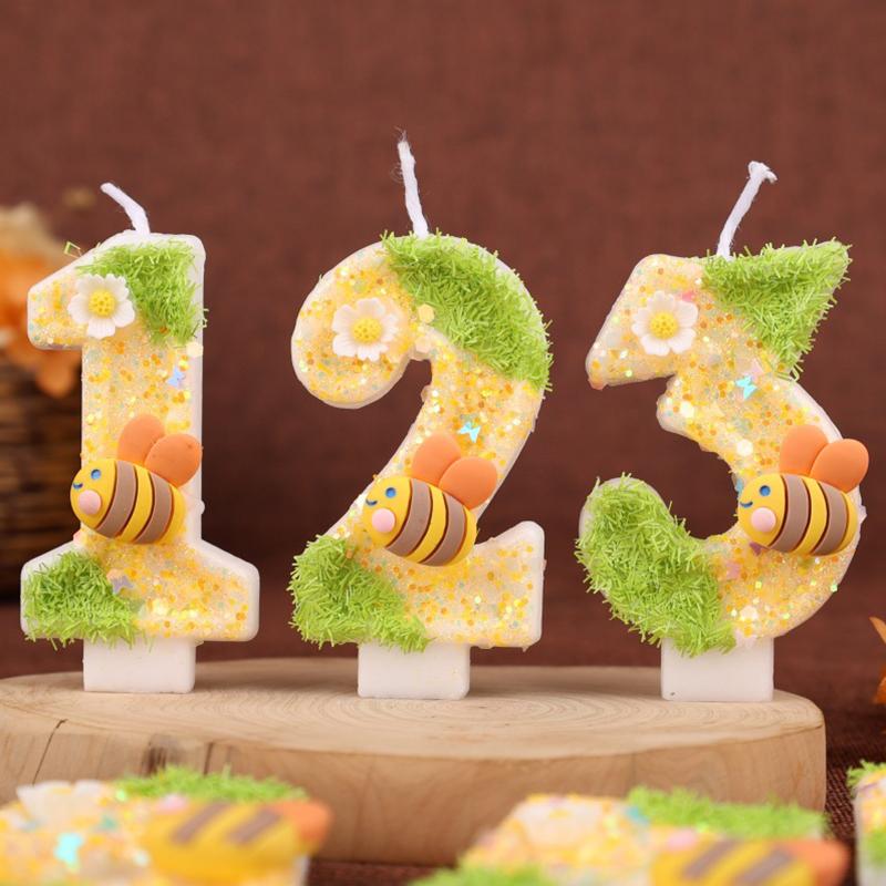3D Bee Number Cake Decorating Candles Glitter Bees Digital Candles Cake Topper for Baby Shower Birthday Party Cake Decoration
