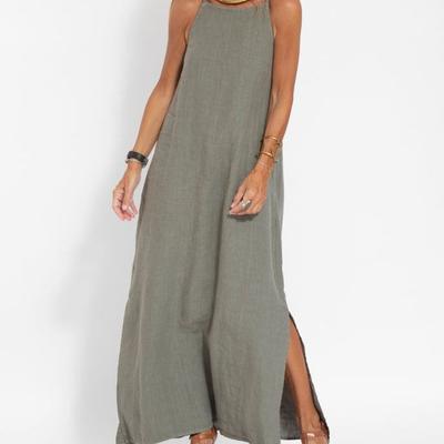 Vestido largo maxi de lino y algodón con tirantes finos divididos, informal, sin mangas, cuello halter, sexy, para mujer