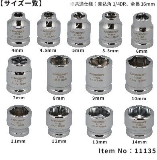 SIGNET 11135 1/4" Drive 13-Piece Short Socket Set Metric Hex Chrome Vanadium Steel Professional Compact Socket Kit with Holder Made In Japan