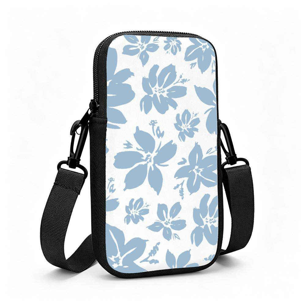 Vintage Blue Floral Print Crossbody Phone Bag, Adjustable Shoulder Strap Small Pouch, Lightweight Mini Purse for Women Christmas Party Gift
