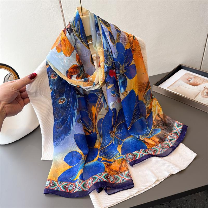Feihuayun Printing Flower Cutting Spring and Summer Silk Scarf Large Long Scarf High-end Travel Shawl Sun Protection Women's Scarf Headscarf