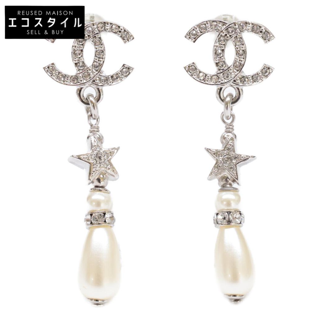 CHANEL C25 CC Logos Star Rhinestone Drop Pearl earring SVHardwareUsed