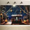 1 Halloween Pirate Background Cloth - 2D Flat Polyester Party Decoration with Skull Treasure Chest and Ship Design