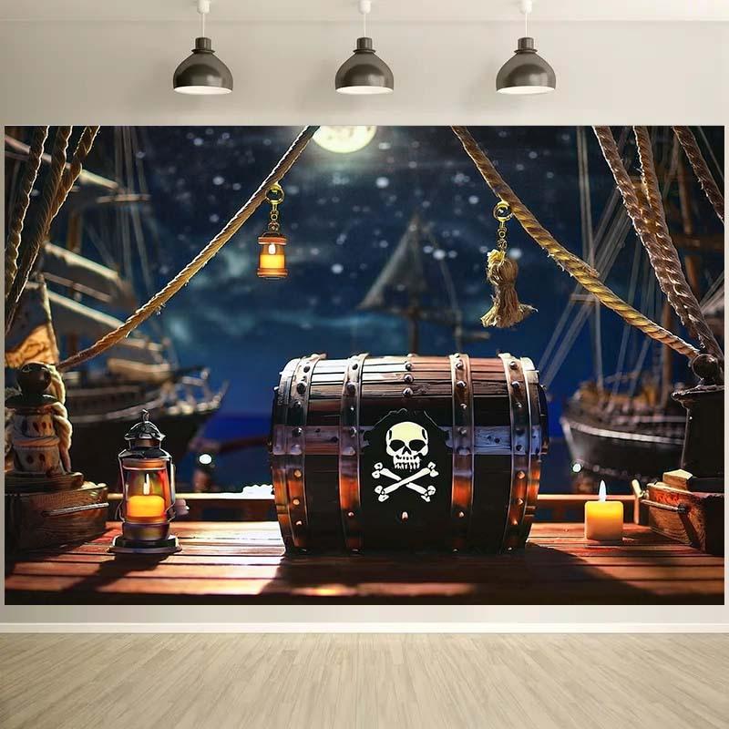 1 Halloween Pirate Background Cloth - 2D Flat Polyester Party Decoration with Skull Treasure Chest and Ship Design