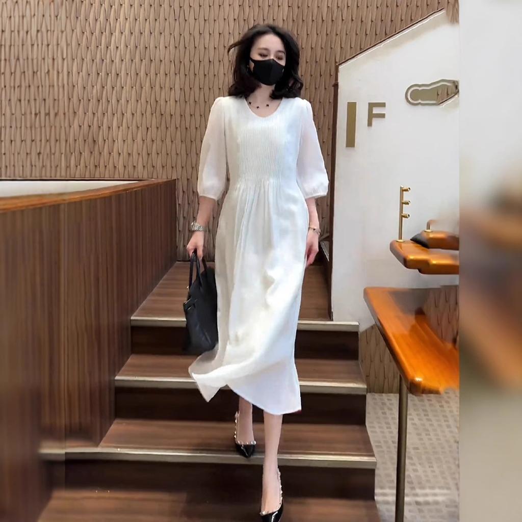 2025 summer new high-end white dress women's loose and thin gentle seven-quarter sleeve temperament skirt