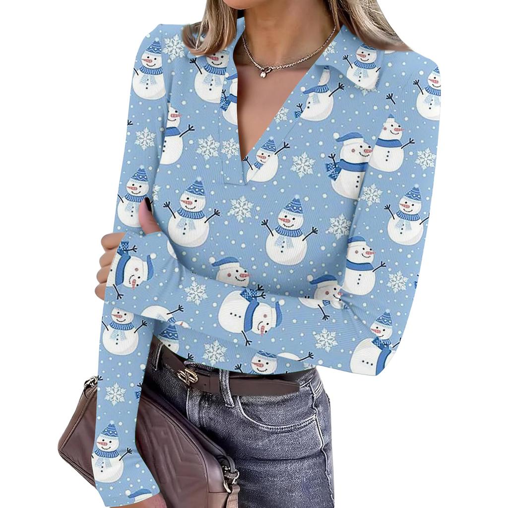 Damenmode Lässig Weihnachts-Print V-Ausschnitt Langarm Knopfleiste Oberteil