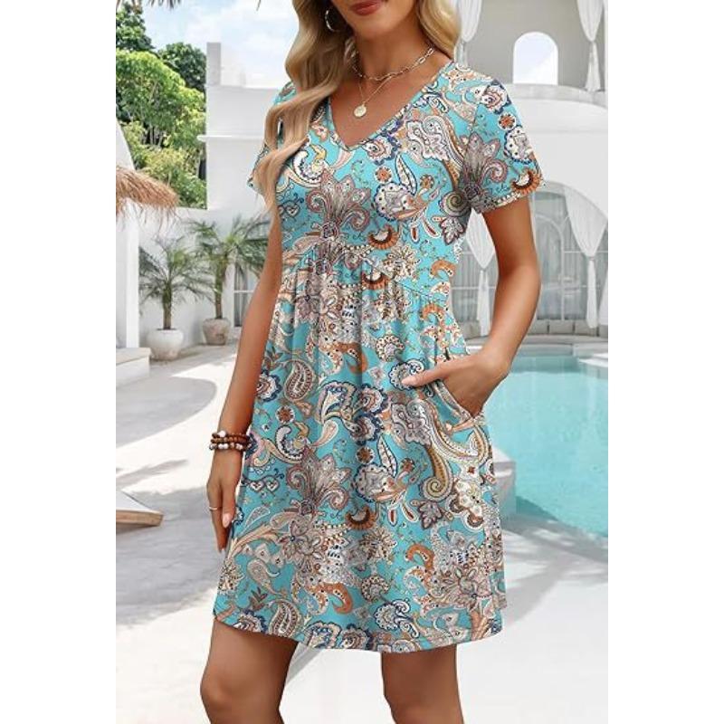 IHUASU Fashion Summer Spring Short Sleeve V-Neck Casual Dresses Unique Design