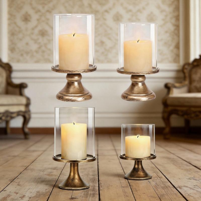 Conjunto de Castiçais à Prova de Vento para Mesa com Cúpula de Vidro Transparente e Bases em Tom Bronze para Centro de Mesa de Casamento, Decoração de Entrada para Casa