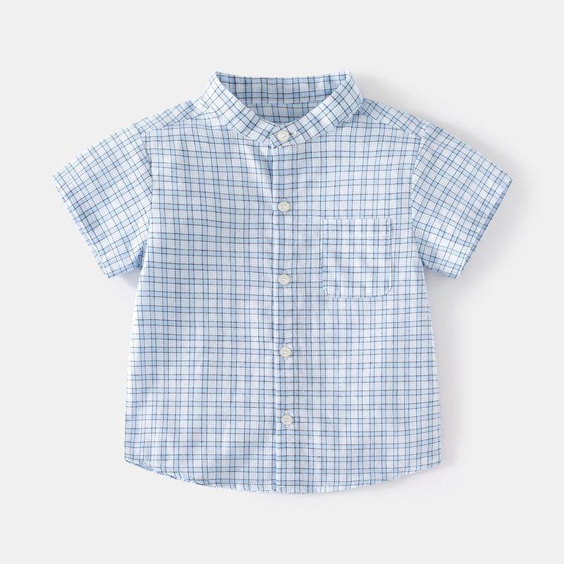 Children s Summer Clothing Boy s Gingham Stand Collar Short-Sleeved Shirt Children s Polo Shirt Children s Shirt Baby Boy s Polo Collar Top Love at First Sight Blue Short-Sleeved Shirt 90 cm