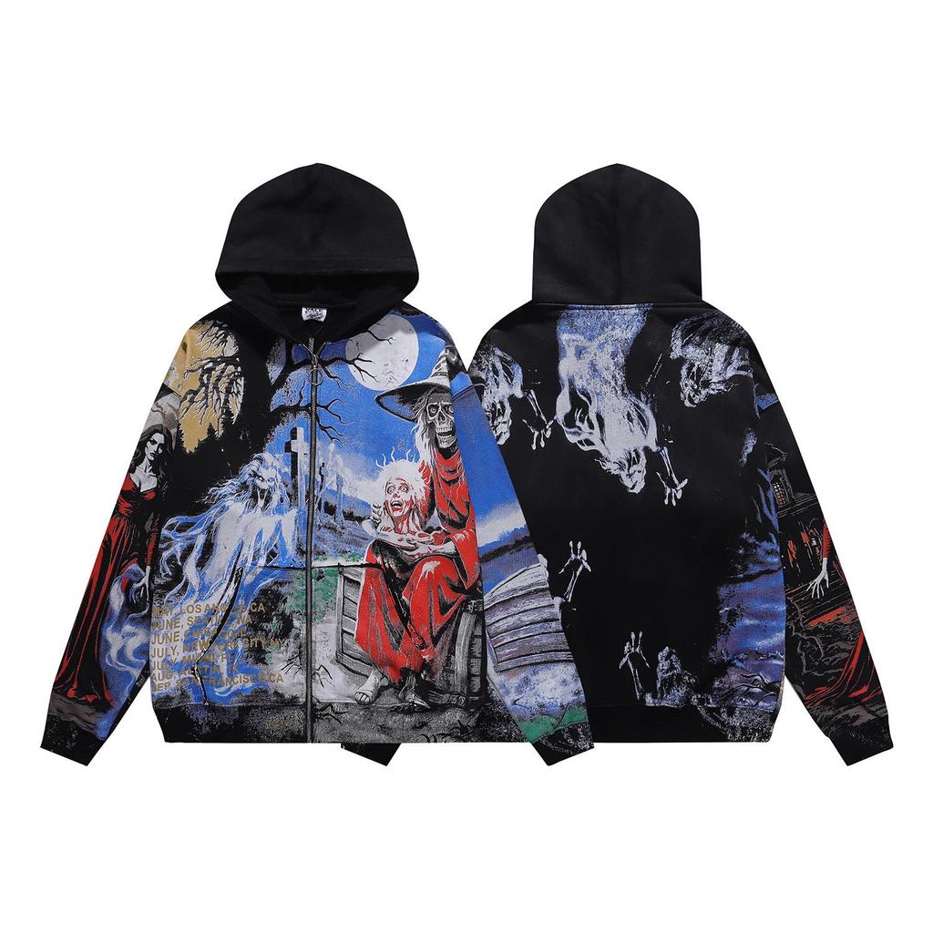 Unisex Retro Print Distressed Zipper Hoodie - Loose Fit, High Street American Style