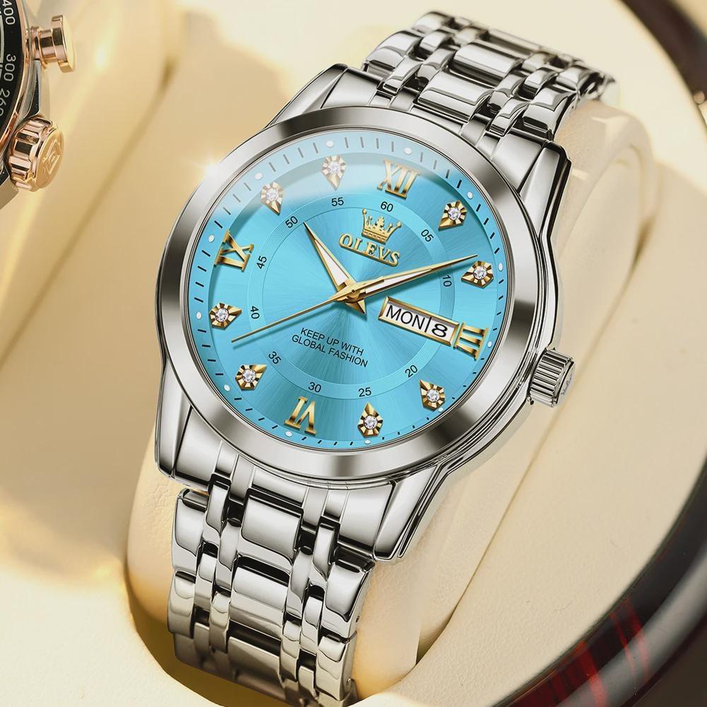 OLEVS Men's Watch Dual Calendar Display Waterproof Luminous Original Luxury Diamond Watch Fashion Men's Watch