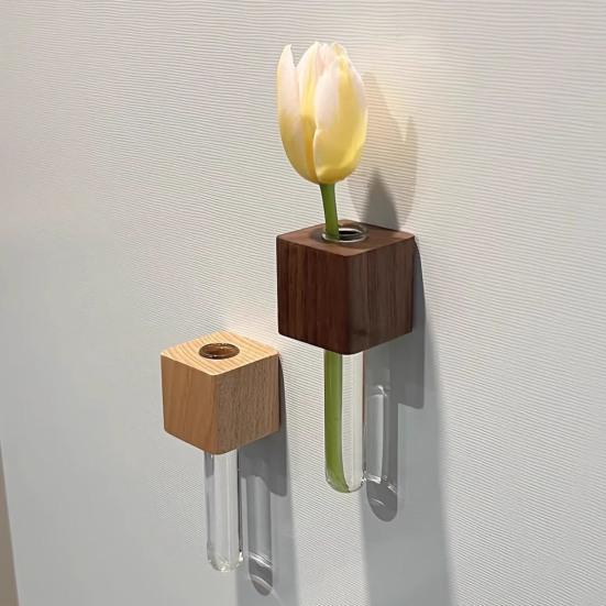 Wooden Refrigerator Magnet with Test Tube Mini Vase Flowers Plants Holder Fridge Magnet Home Office Kitchen Locker