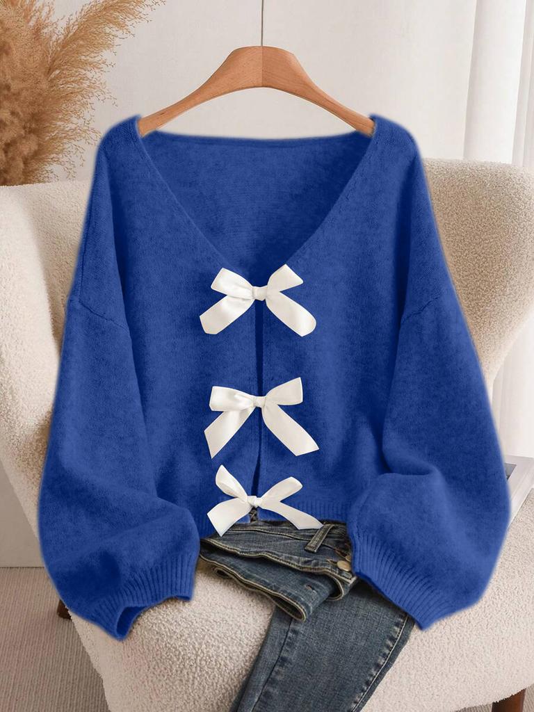 Design bow knitted cardigan autumn and winter new loose versatile lazy style knitted sweater