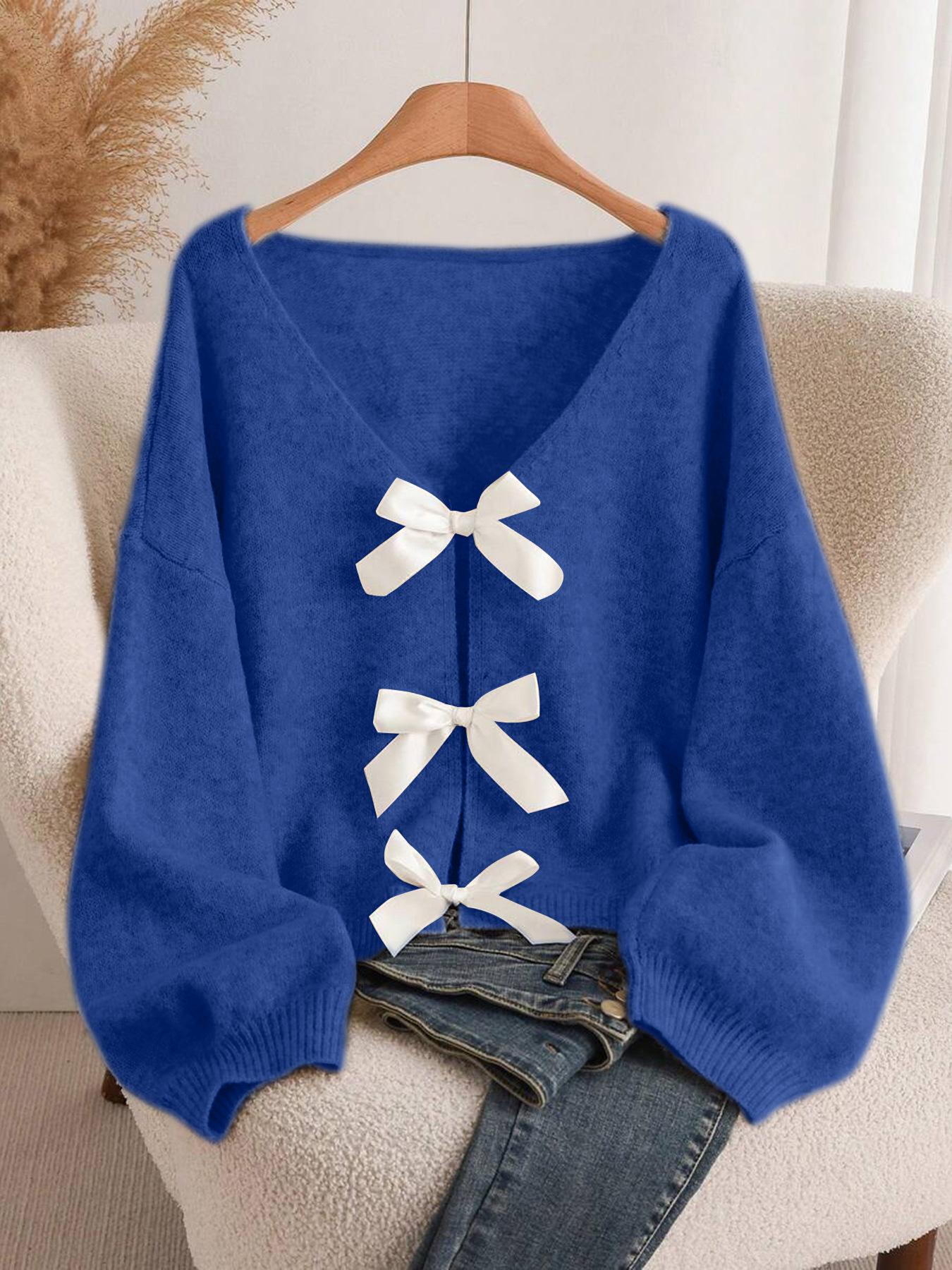 

Design bow knitted cardigan autumn and winter new loose versatile lazy style knitted sweater XXL синій