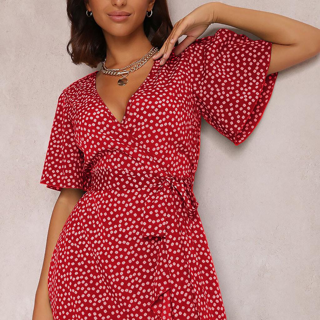Fashion Women's Printed V-Neck Irregular High Waist Tie Sexy Casual Short Sleeve Dress