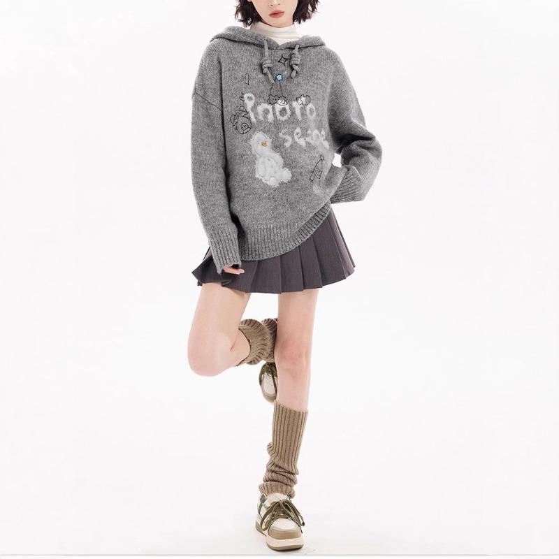 Grauer Kapuzenpullover Strickpullover Damen tragen im Herbst und Winter fauler kleiner Winter dicker Pullover Jacke