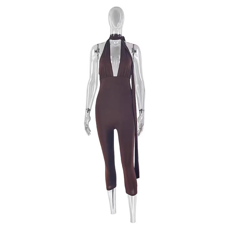 Cross-Border European and American Style E-Commerce Halter Neck Backless Hollow-Out Simple Solid Color Jumpsuit Dropshipping
