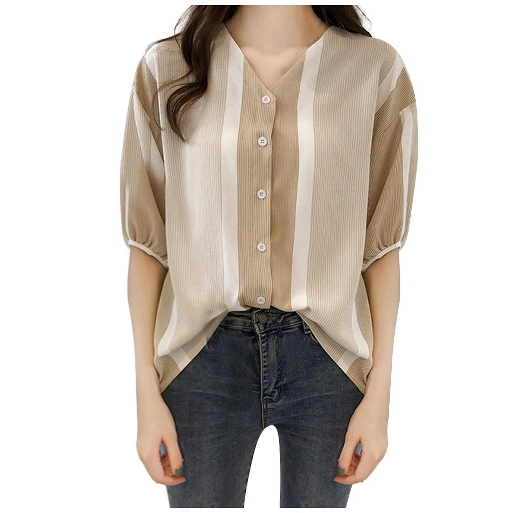 Fashion Womens Casual Half Sleeve Colorblock Striped Shirt Sleeve Top