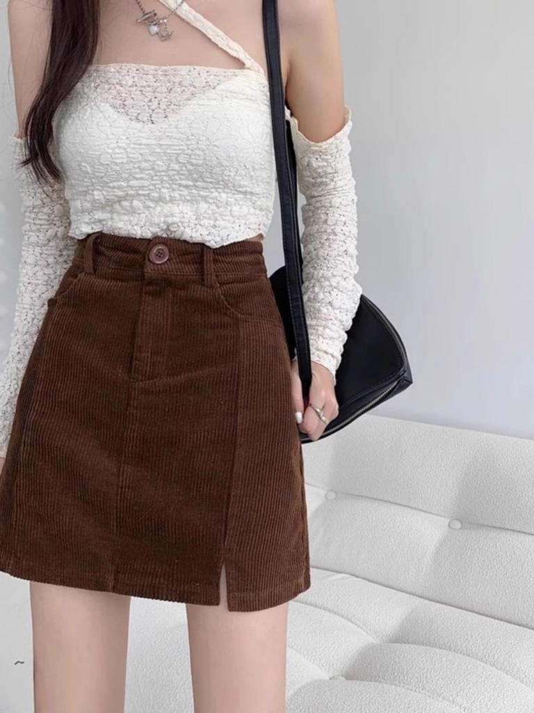 Korean Style High Waist Black Corduroy Skirt for Women - Autumn/Winter Tight-Fitting Versatile One-Piece Skirt