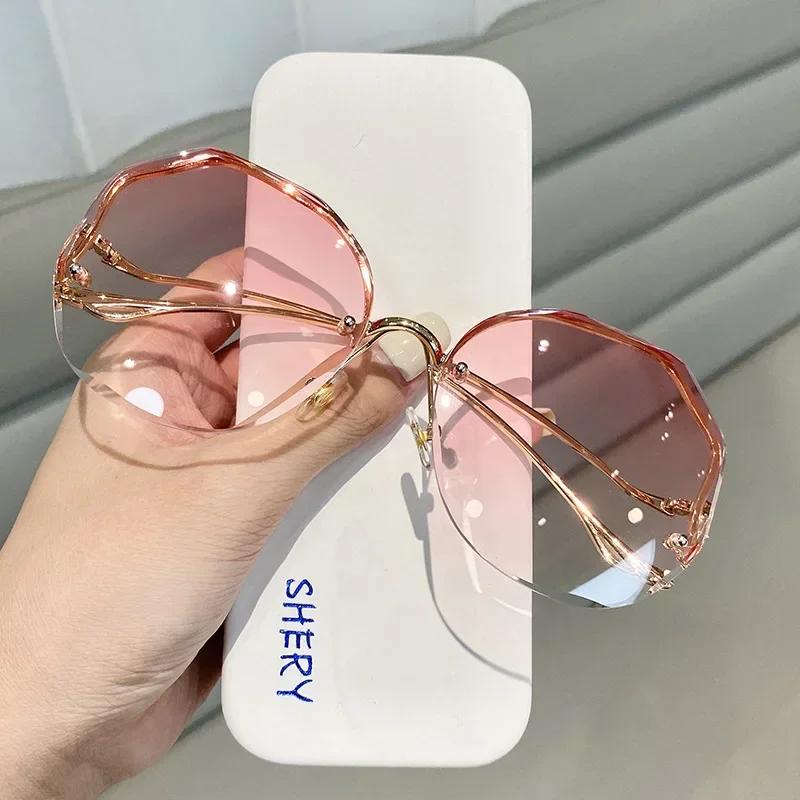 Irregular Round Sunglases Women Brand Designer Gradient Fashion Sun Glasses Female Rimless Metal Curved Temples