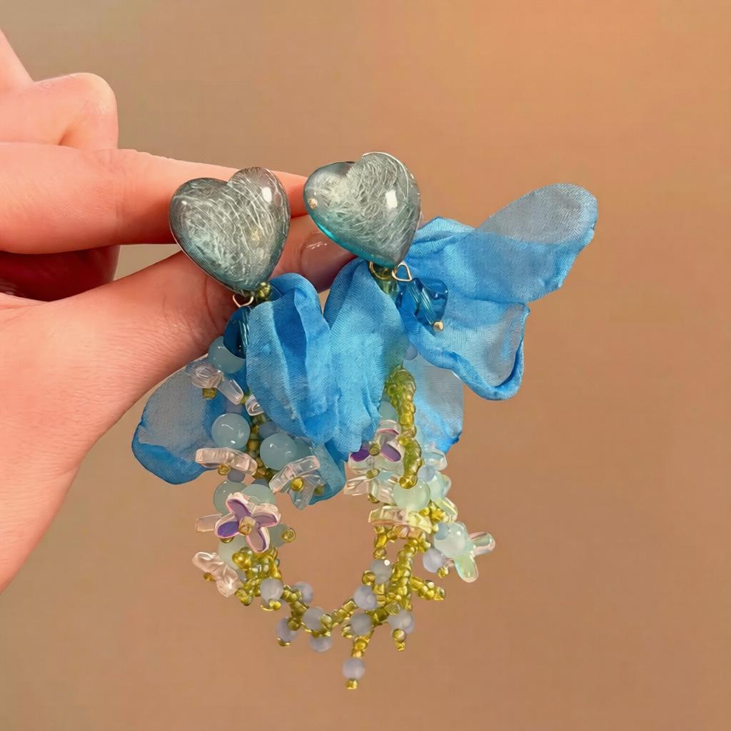 

Silver needle love chiffon flower fringed earrings holiday wind sweet small fresh temperament earrings niche high-end earrings