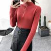 Autumn Winter Women Solid Sweater Half Turtleneck Long Sleeve Zipper Neckline Knitted Pullover Sweater Female Comfortable Warm Slim Knitted
