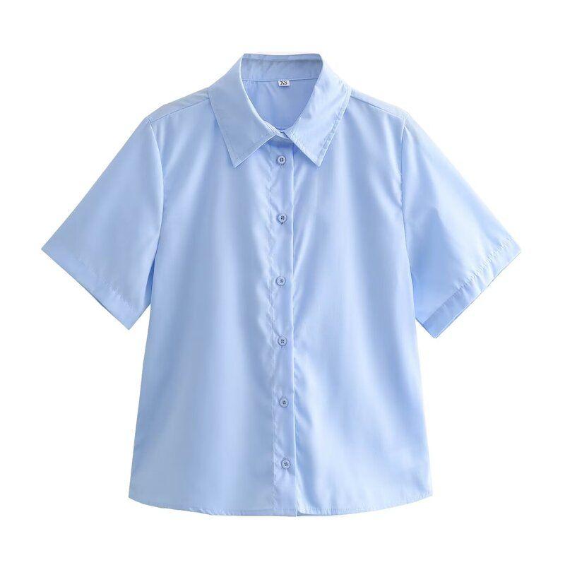 

Fashion 2024 Spring New Fashion Women s Clothing Easiest for Match Poplin Short Sleeve Lapel Shirt Tops 4786084 250 Blue L