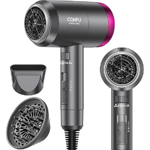 CONFU Ionic Blow Dryer 1600W, Portable Lightweight Fast Drying Negative Ion Hairdryer Blowdryer, 3 Heat Settings & Infinity Speed, with Diffuser and