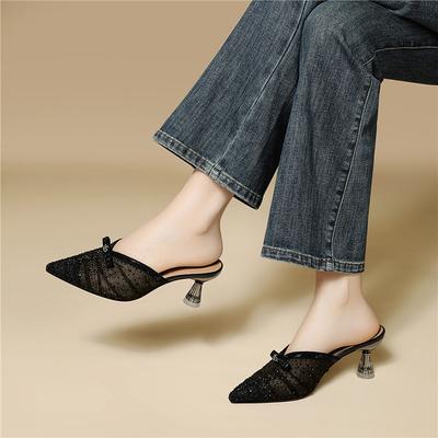 Leichter Luxus Strass Netzbeutel Kopf Halb-Schlepper Damen Spitzkopf Dünner Absatz Mode Mules Schuhe Sommer Tragen High Heels