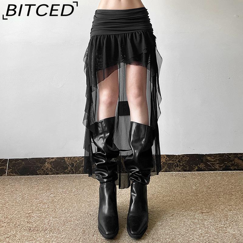 BITCED Fall Solid Color High-Waisted Sexy Mesh Ribbon Short Skirt for Women