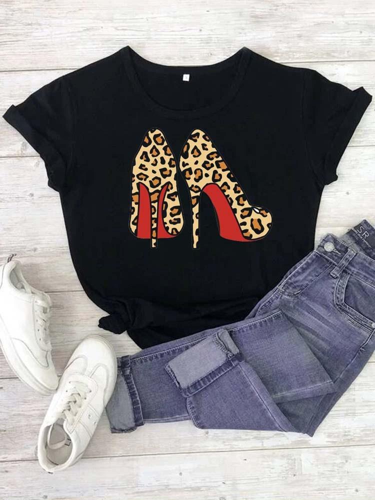 Modisches bedrucktes High-Heel-T-Shirt für Damen Modisches weißes Kurzarm-T-Shirt mit Schleifendesign Lässiges Home-Top für Mädchen