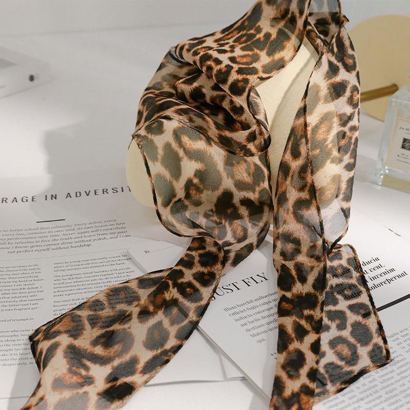 [Georgette] Fashion leopard print pure silk silk scarf women s spring and summer new mulberry silk streamer headband gift