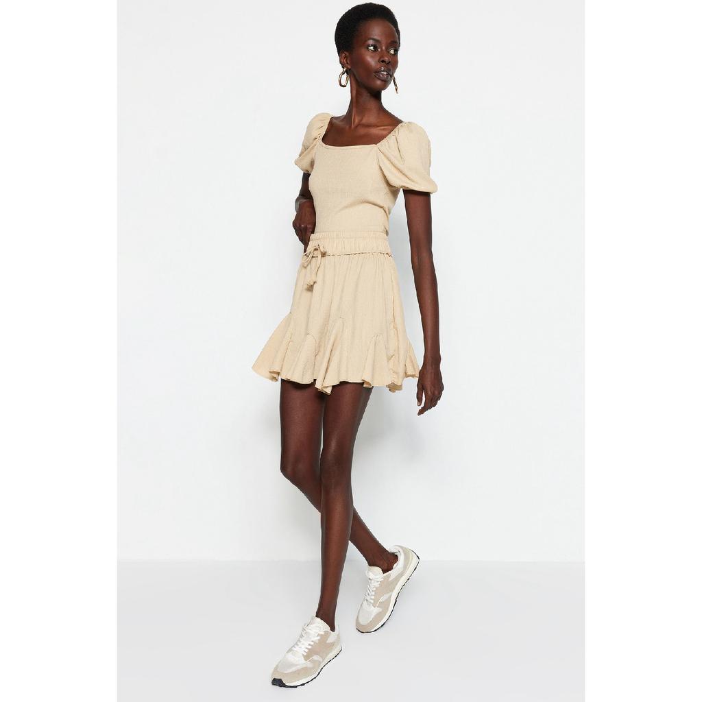 Schwarzer Rock mit Rüschen und normaler Taille, Mini-Strickrock aus Krepp Twoss21et0056