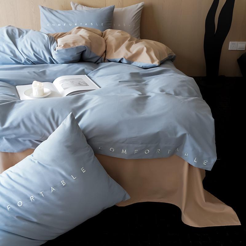Class A 100s Premium Cotton Flannel 4-Piece Winter Embroidered Bedding Set - Thickened Bed Sheet & Duvet Cover