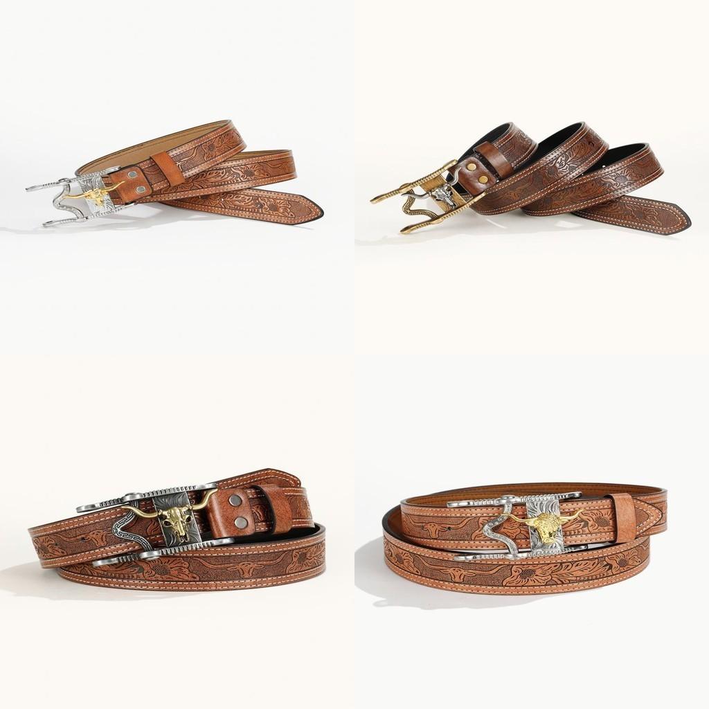 High Quality Pu Leather Belt With Bohemian Alloy Buckle For Men In Ethnic Style With Bull Head Print