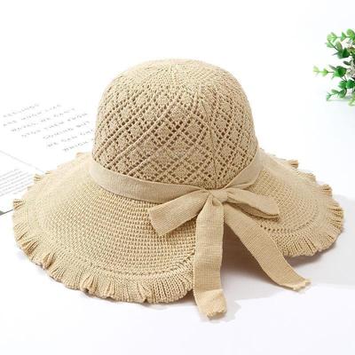 Summer Sun Hat for Women, Bow Decor Knit Bucket Hat, Breathable Foldable Sun Protection Sun Hat