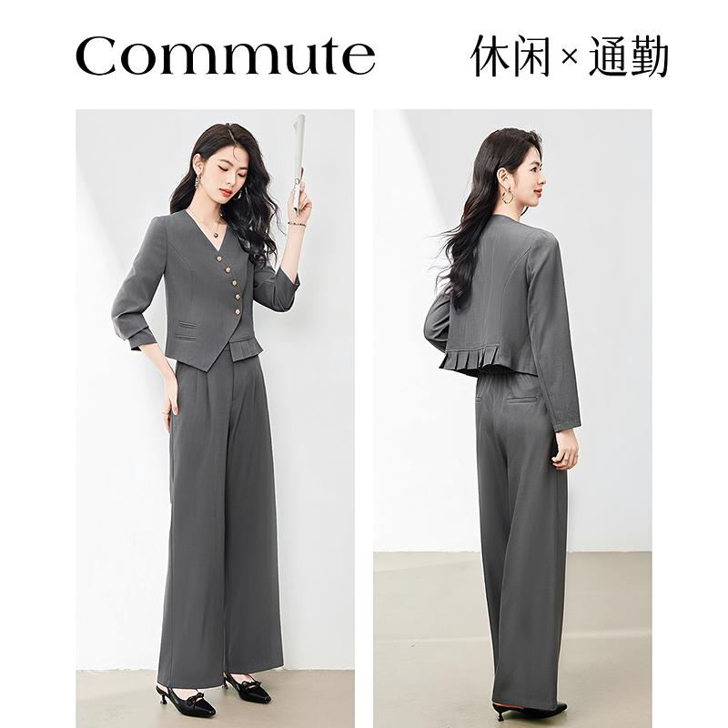 Elegant white-collar commuting ruffled suit+slimming casual pants