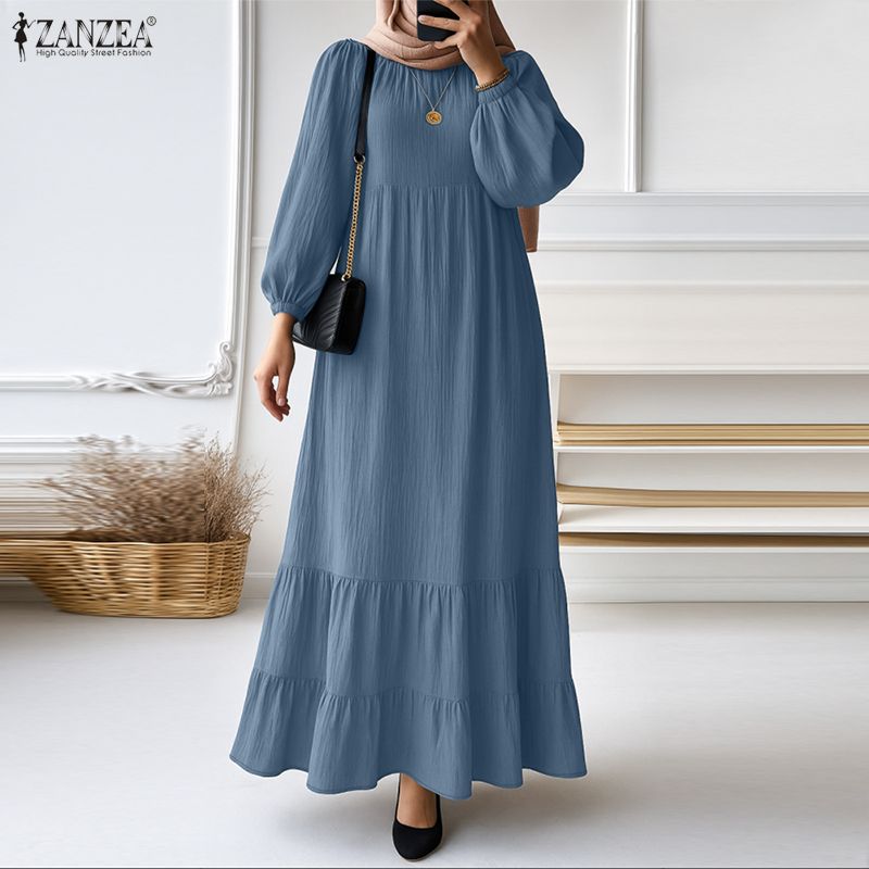 ZANZEA Women Casual Round Neck Solid Color Loose Long Sleeve Long Dress