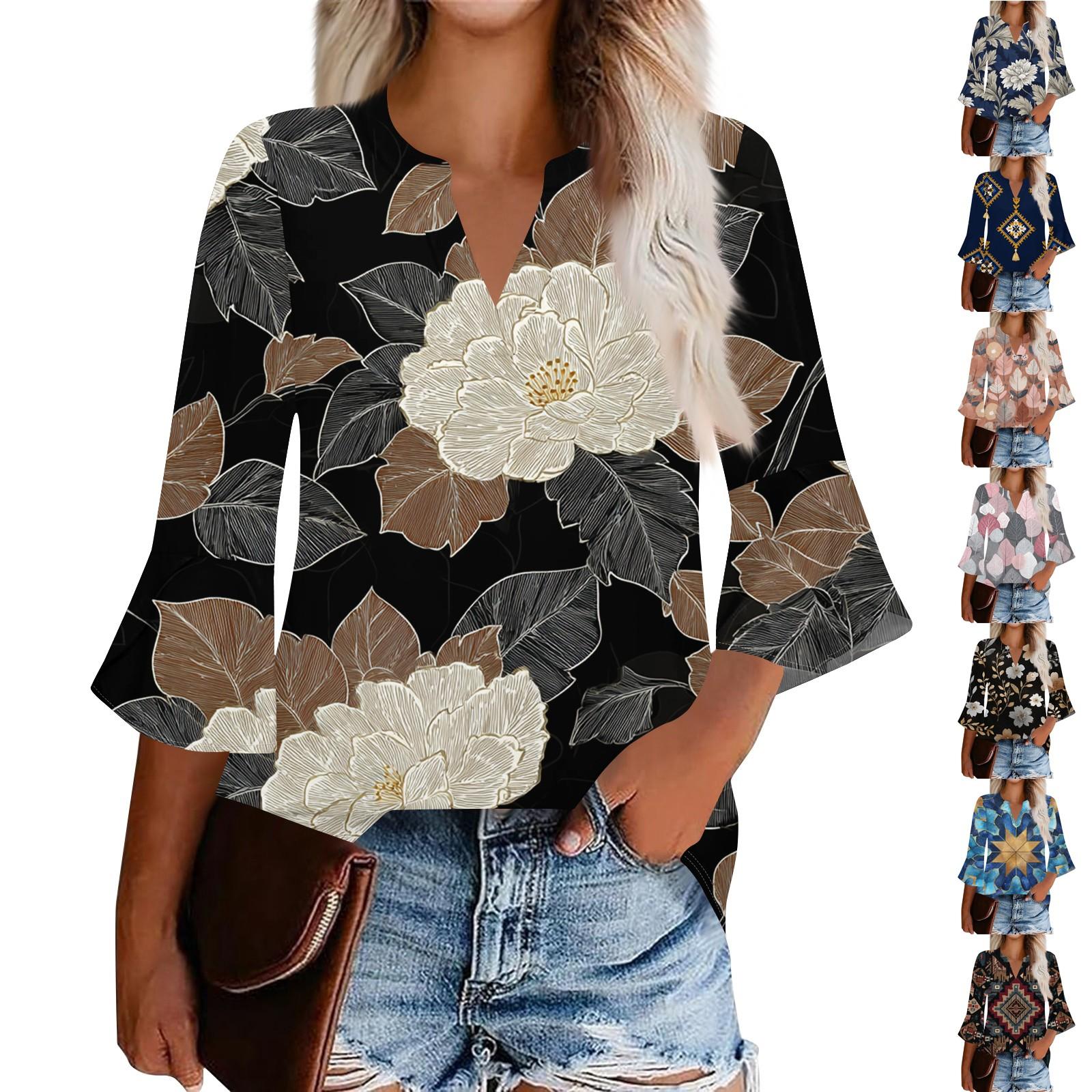 

Women s Casual Fashion Floral Printed Cropped Sleeve Round Neck Top L чорний