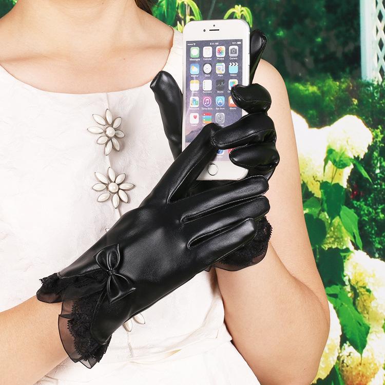 Winter Warm Gloves for Women's New PU Leather Lace Bow Winter Plus Velvet Thickened Touch Screen Gloves