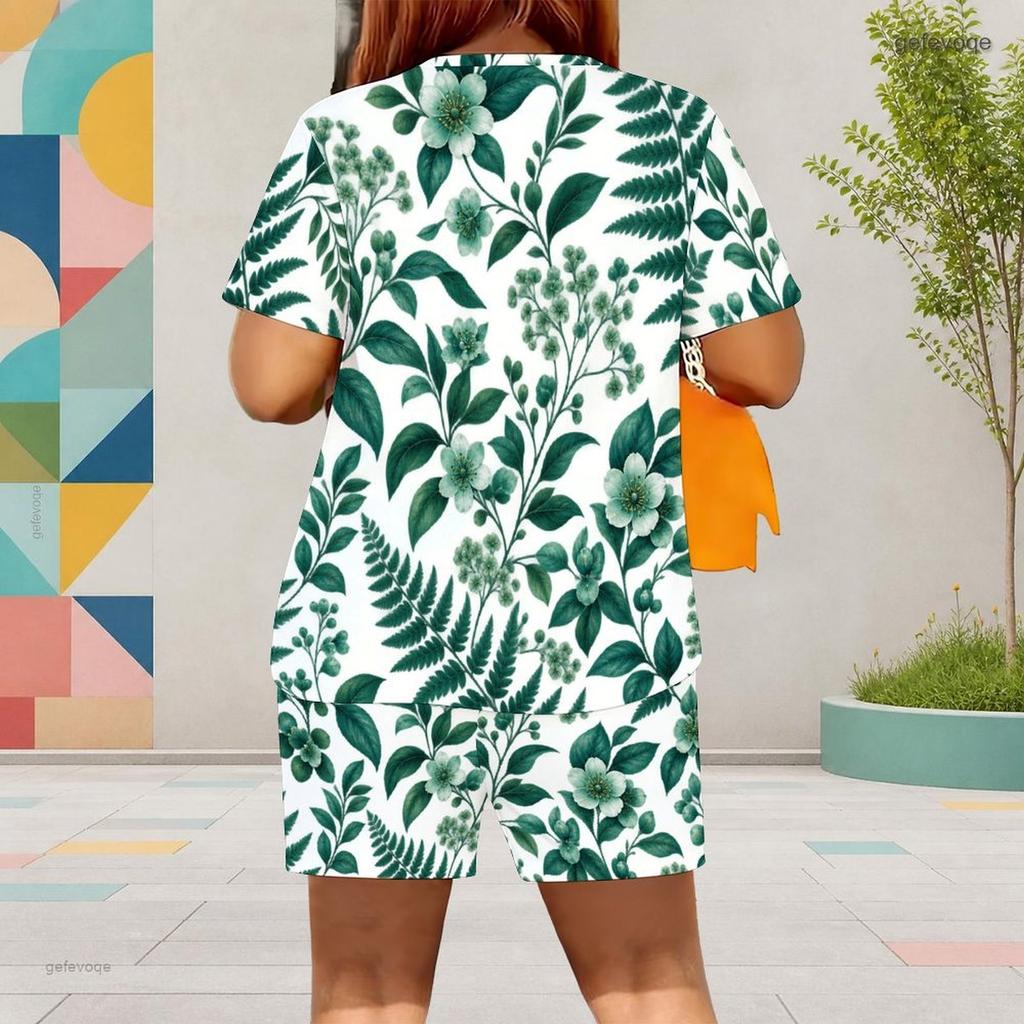 Women Plus Size Floral Leaf Printed Round Neck Short Sleeve Top Pocket Shorts Two Piece Set