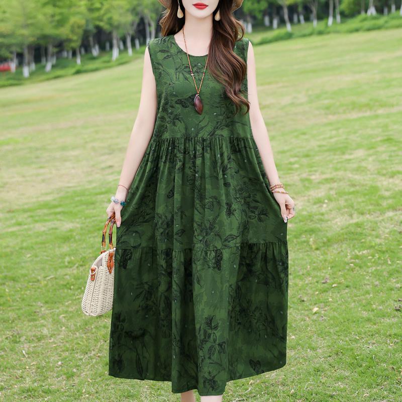 Elegant Sleeveless Dress for Women Plus Size Loose Vintage Print Long Dress Summer Middle-aged Women's Clothing