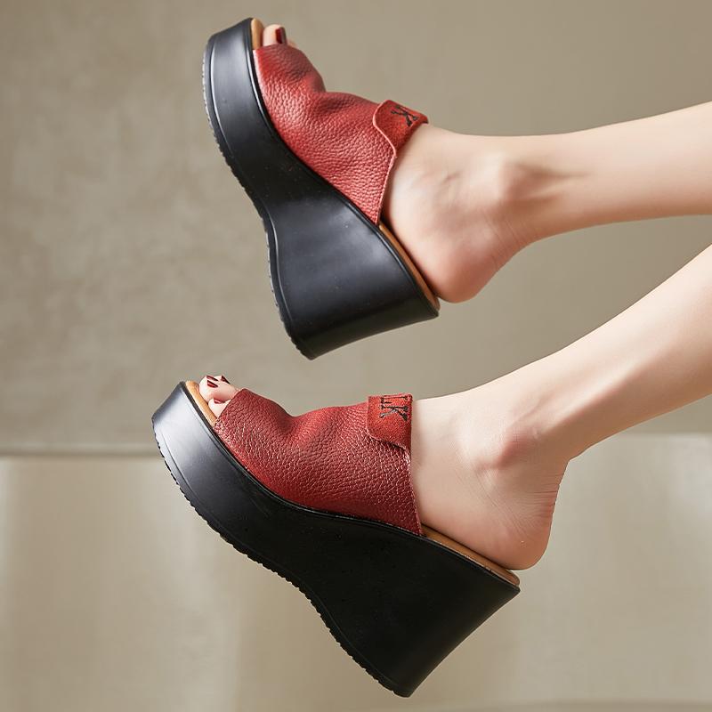 Mode GKTINOO 2025 Pantoufles Rétro Chaussures en Cuir Véritable Sandales Faites Main Pantoufles Femme Bout Ouvert Plateforme Compensée Sabots Pour Femmes